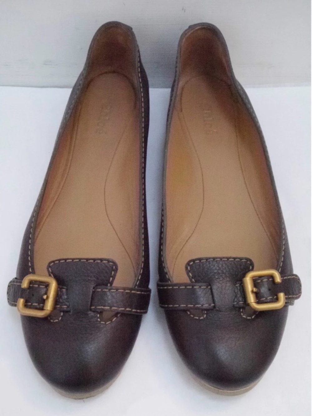 Women's Chloe Brown Leather Buckle Ballet Flats